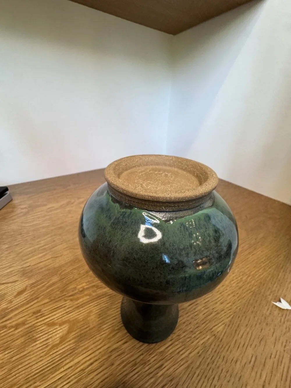 Hand Thrown Studio Pottery Vase Signed 2003 Green Stoneware Bottle Vase 7.25
